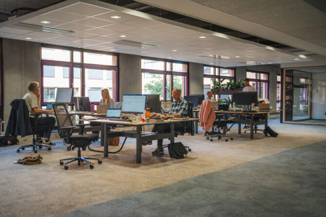 Medewerkers aan het werk in een kantoortuin